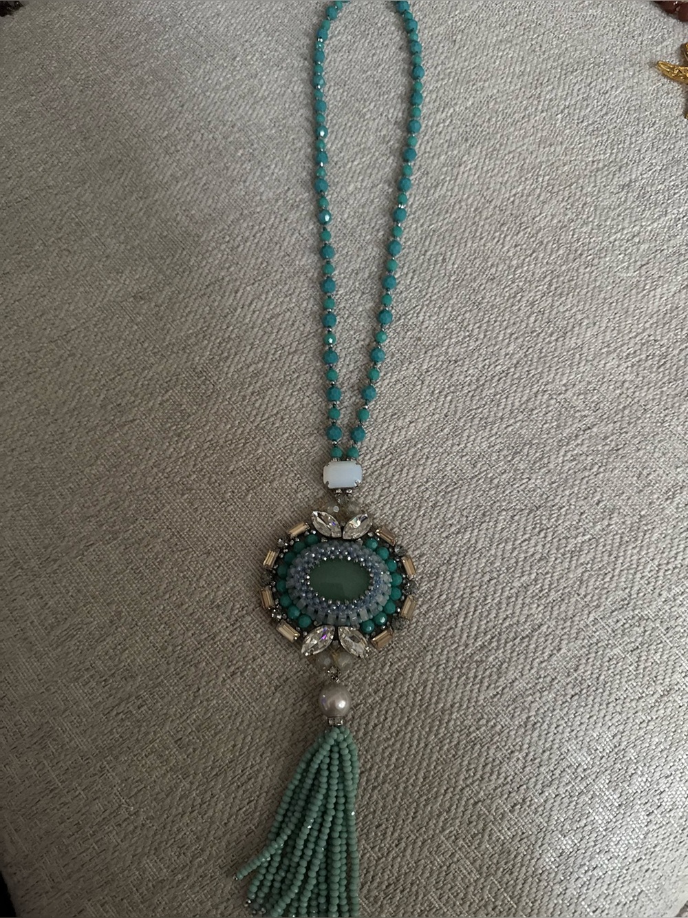 Turquoise Beaded Tassel Pendant Necklace - Women Jewelry